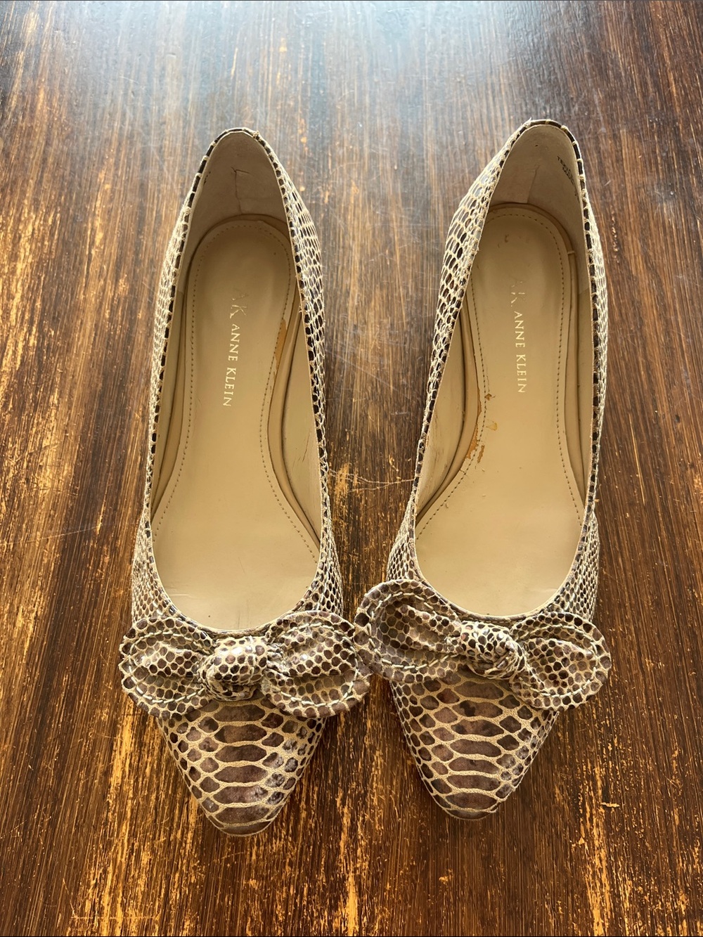 Anne Klein Taupe Snake-Print Pointed Flats with Bow Accent